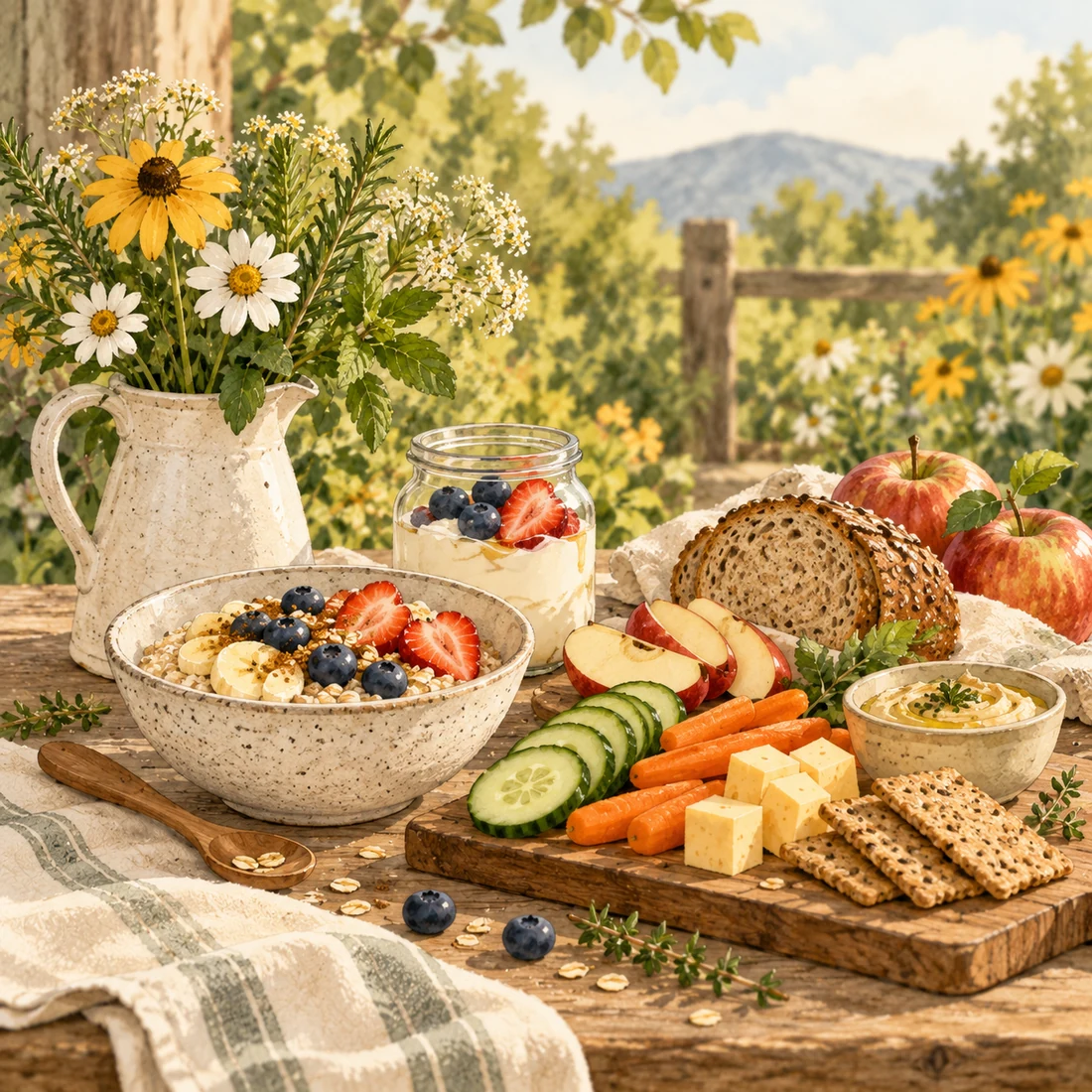 Illustrated food ideas: oatmeal and yogurt with fruit, whole-grain bread, vegetables, and cheese
