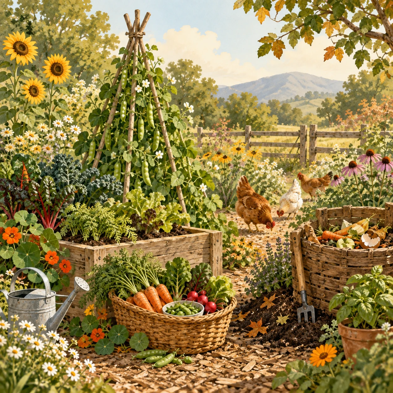 Illustration of peas growing on a teepee, a harvest basket, compost, and chickens in a garden setting