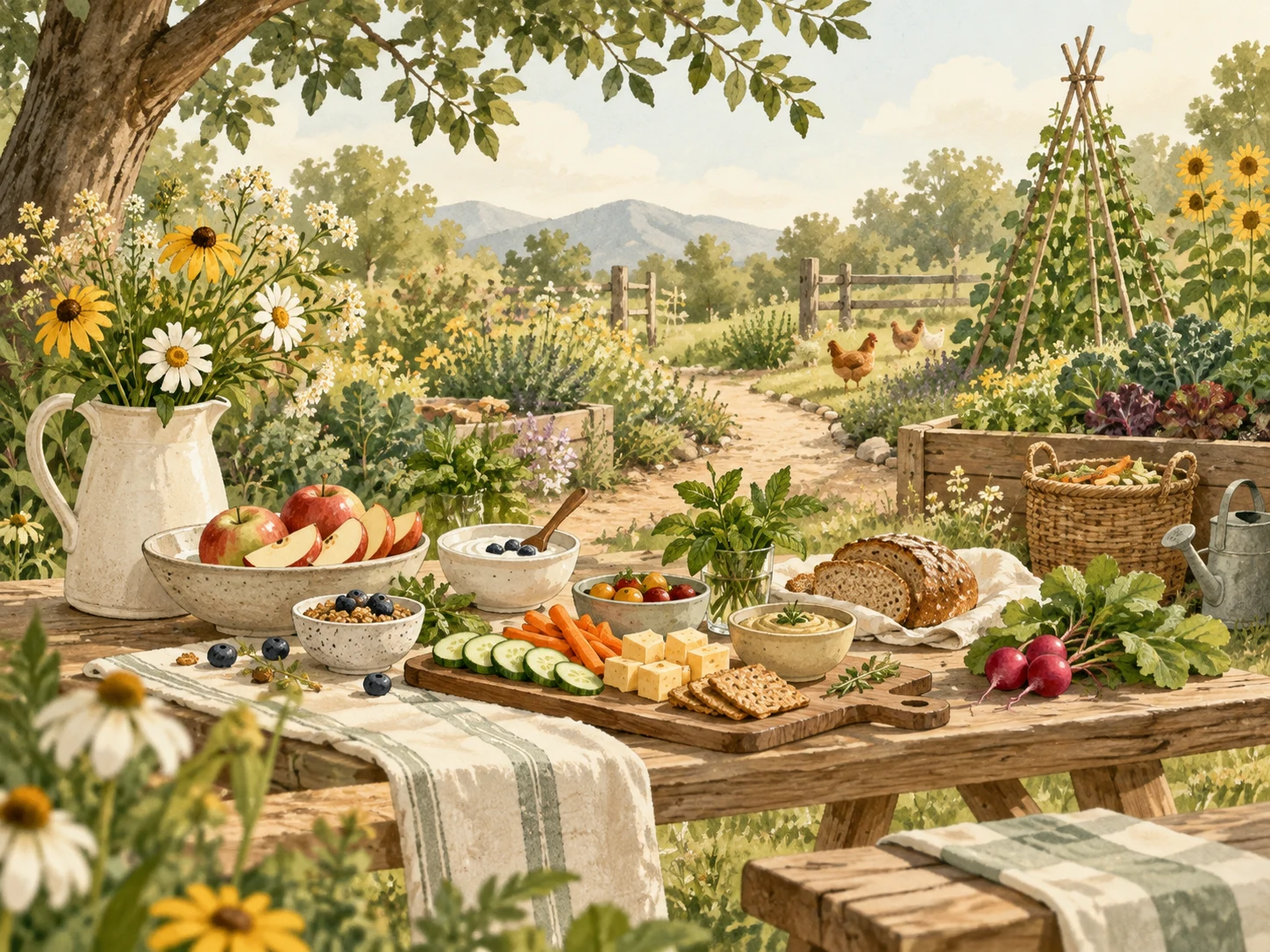Illustration of homemade bread, fresh produce, and a shared garden table
