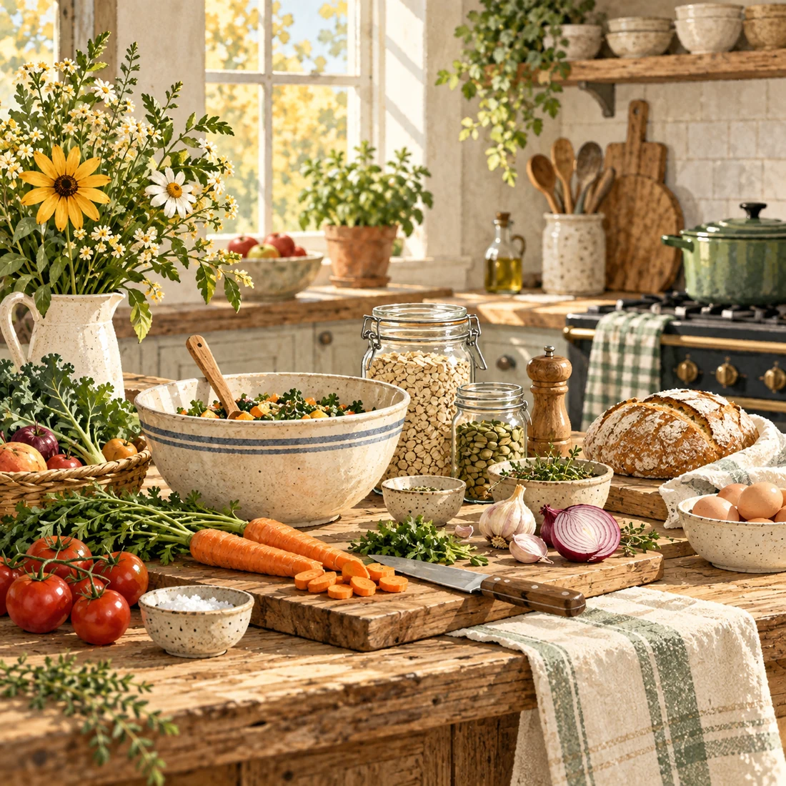 Illustration of vegetables, oats, bread, and cooking utensils in a home kitchen