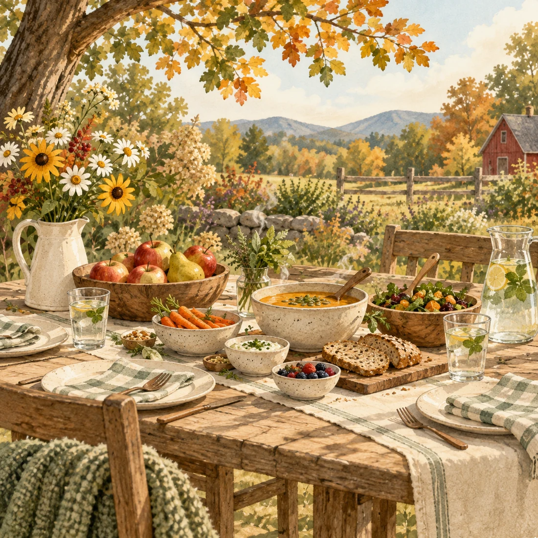 Illustrated shared table with soup, bread, vegetables, fruit, and water