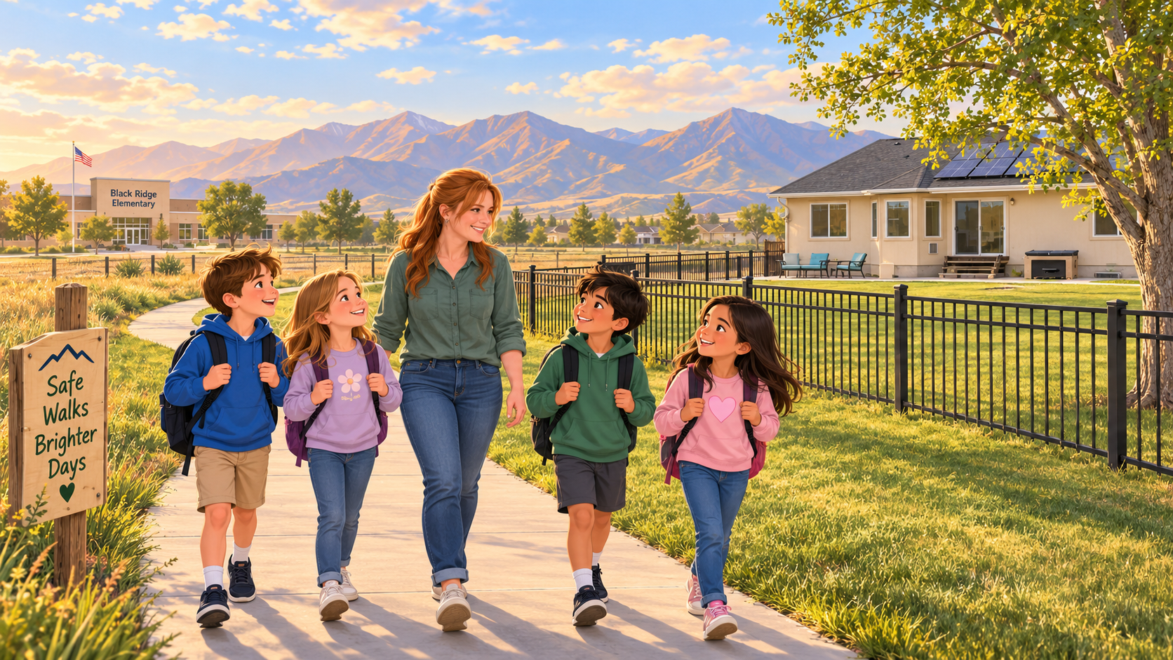 Heather walking with school-age children along the neighborhood trail from Black Ridge