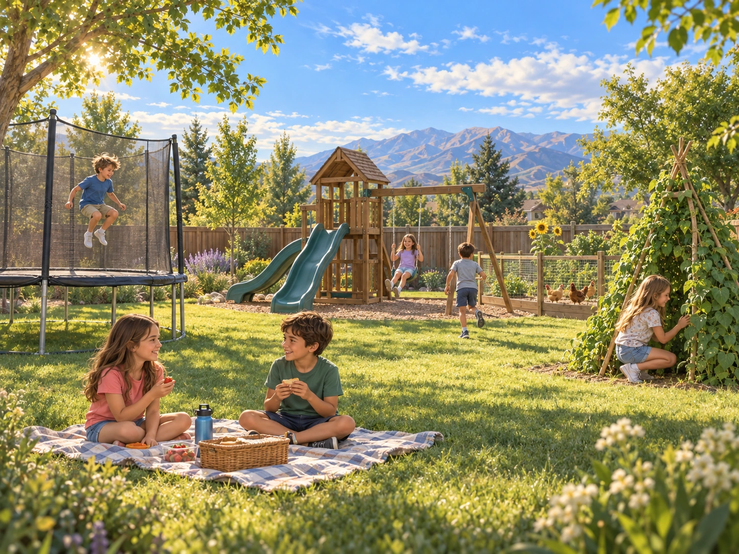 Illustrated Summer Club backyard with play, garden, and outdoor activities