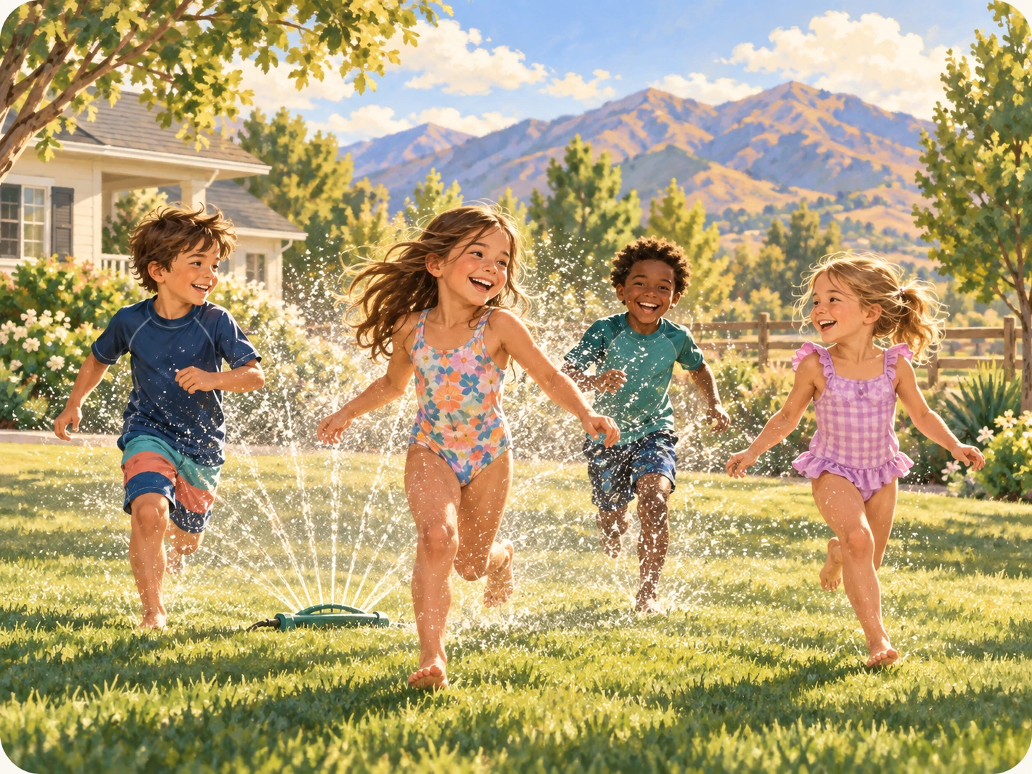 School-age children enjoying water play outdoors during Autumn Ridge Summer